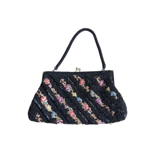 Vintage Beaded Handbag Black Beads Over Tapestry Kiss‎ Lock Clasp Single Handle - Picture 3 of 10
